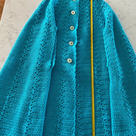 Vintage 70s Crochet Poncho Handmade Turquoise Blue Boho - Picture 8 of 11